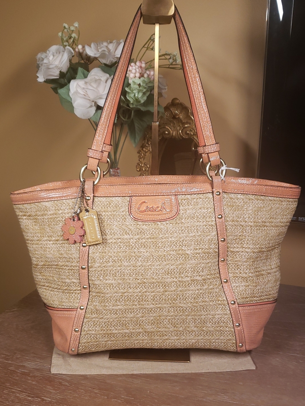 Coach Alexandra Straw Studded Tote Coral Leather w/ Flower Charm (Retail $398) - Picture 1 of 15